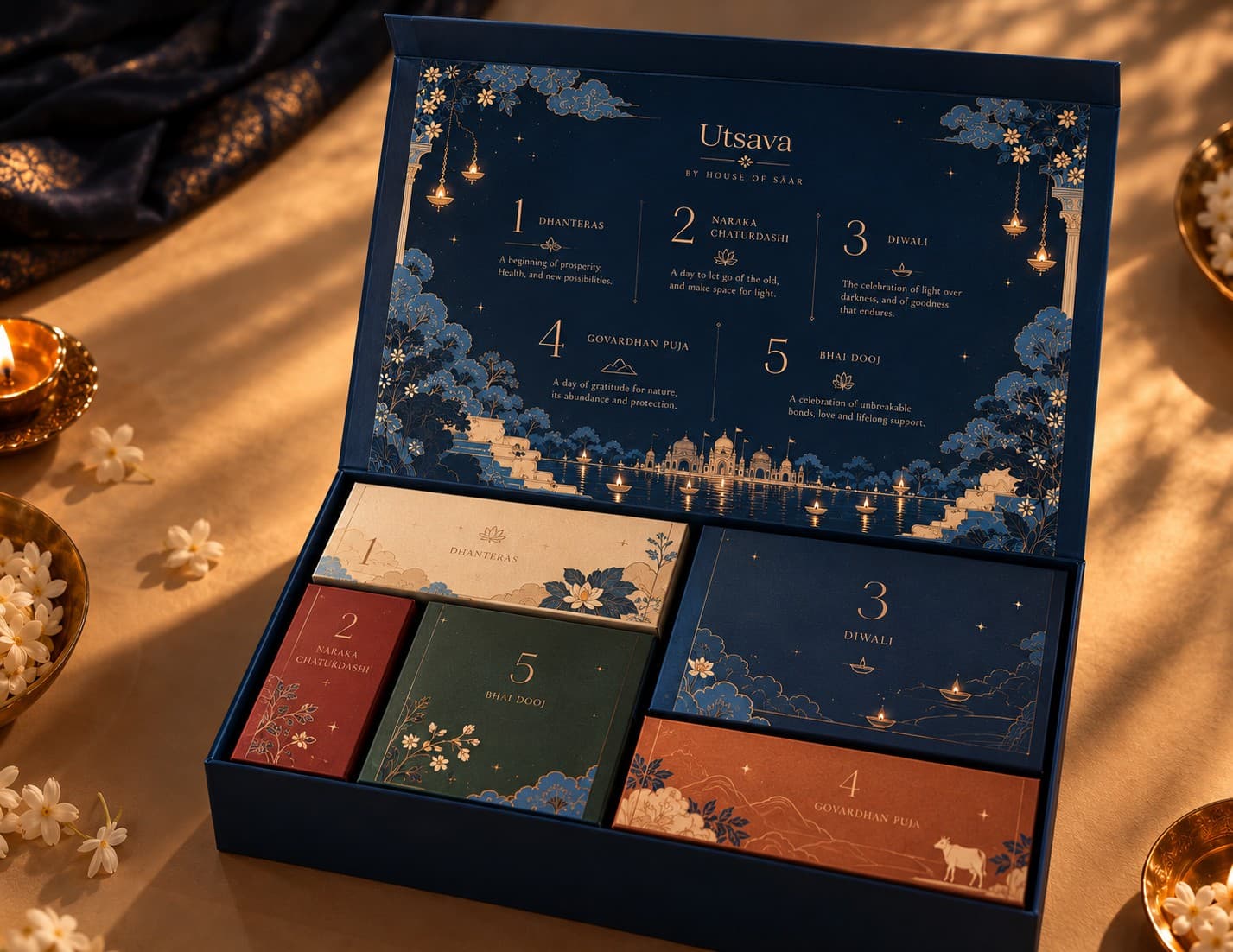 The Utsava box open, with five smaller boxes inside, one for each day of Diwali, and the five days described inside the lid.