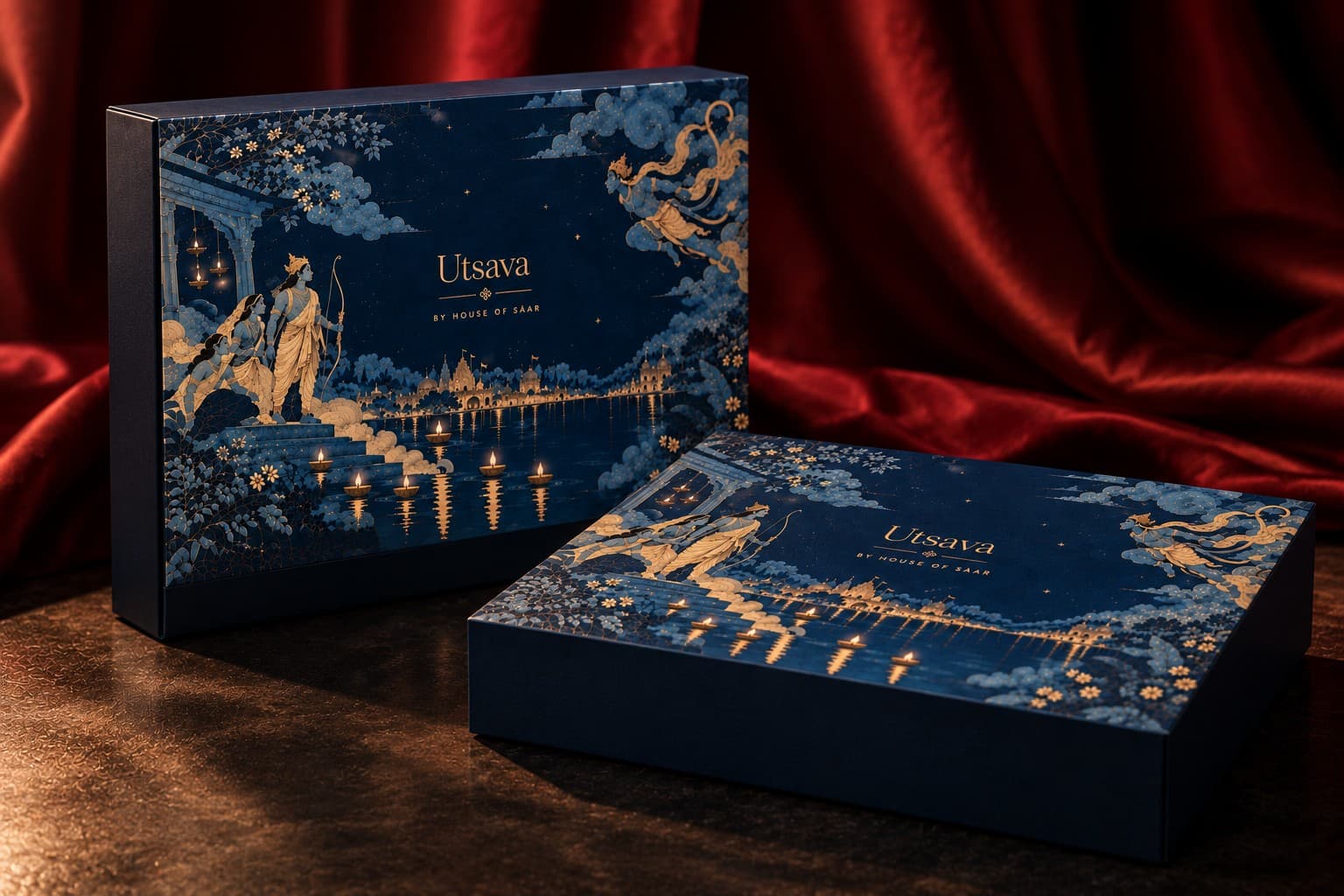 Two Utsava boxes on red velvet: navy lids illustrated in gold with Ram and Sita by the water, floating diyas and Hanuman in the clouds.